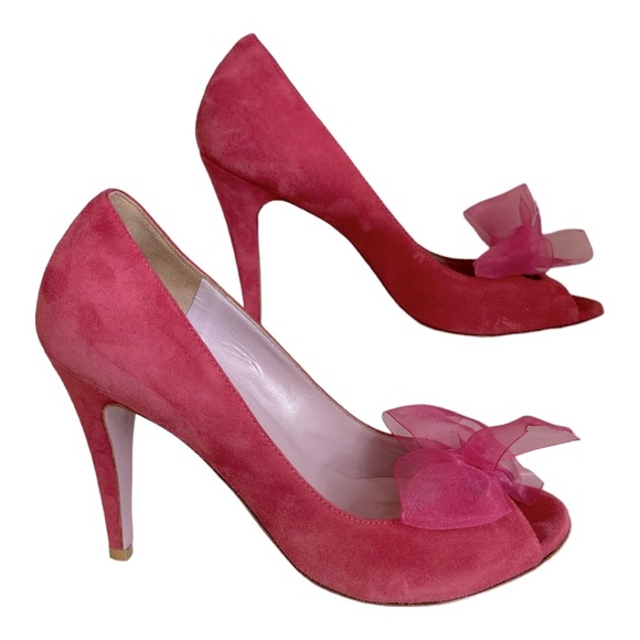 {RED} VALENTINO Pink Suede Open Toe Heels Pumps with Sheer Bow - Picture 3 of 10